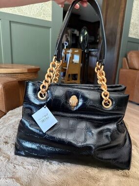 Kurt Geiger Black Croc-Embossed Patent Tote with Gold Chain Handles